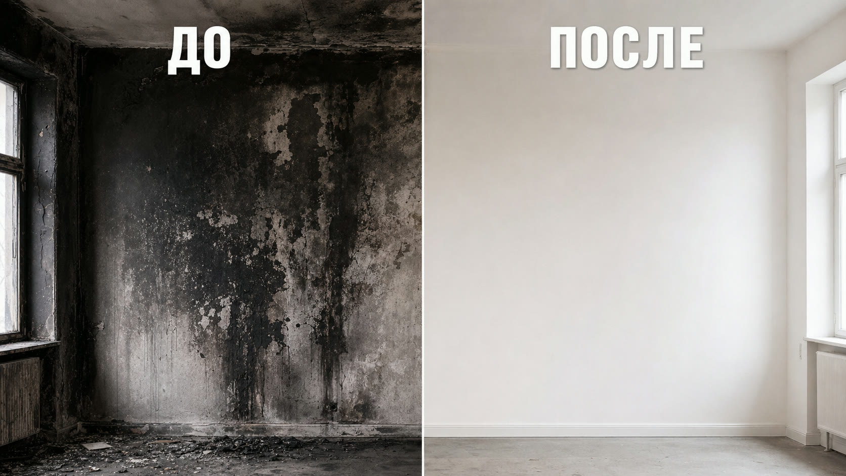 Стена до и после профессиональной уборки после пожара