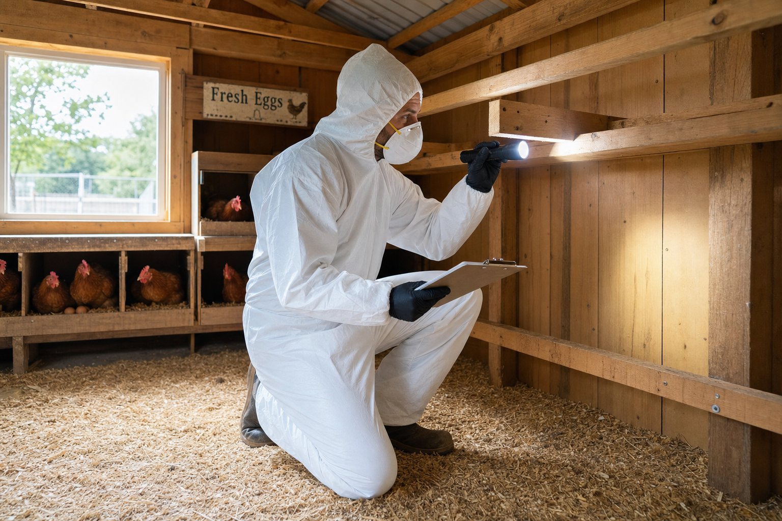 Специалист СЭС проводит осмотр курятника на наличие куриного клеща с фонариком