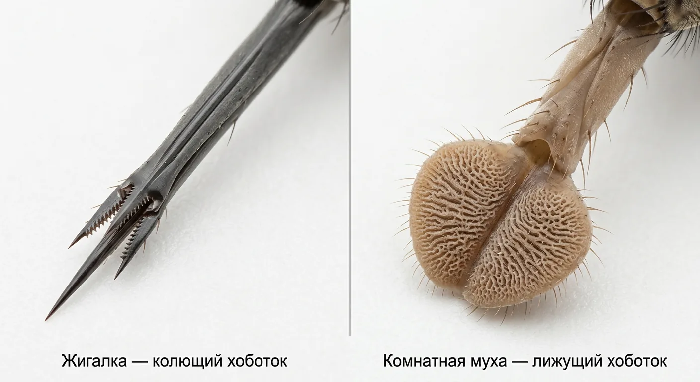 Сравнение колющего хоботка мухи-жигалки и лижущего хоботка комнатной мухи