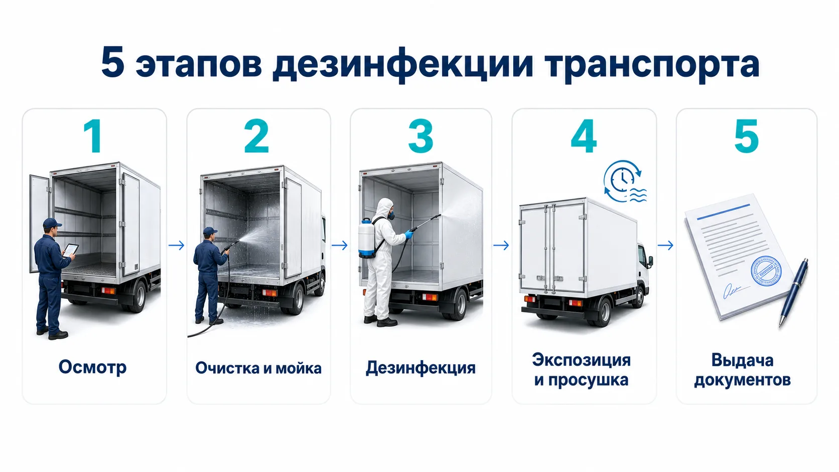 Инфографика: пять этапов дезинфекции транспорта — осмотр, очистка, дезинфекция, экспозиция, документы