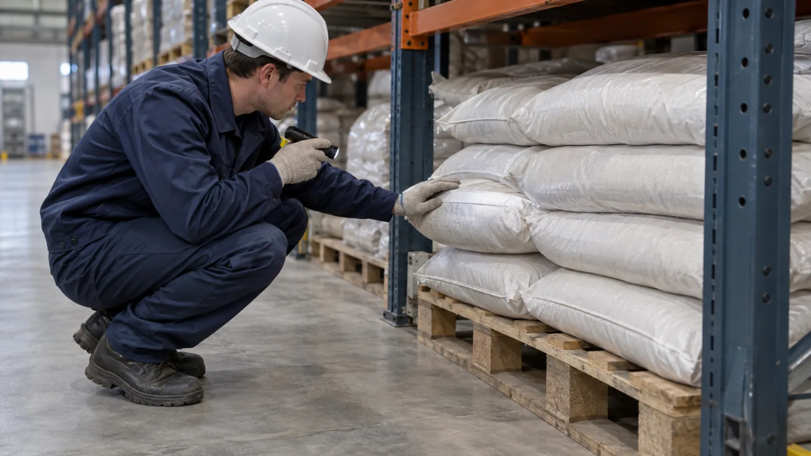 Специалист осматривает упаковку продукции возле нижнего яруса складского стеллажа