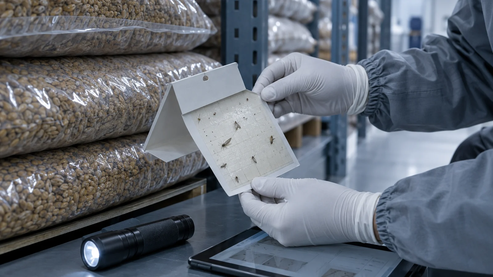 Проверка феромонного монитора амбарных вредителей в зоне хранения продукции