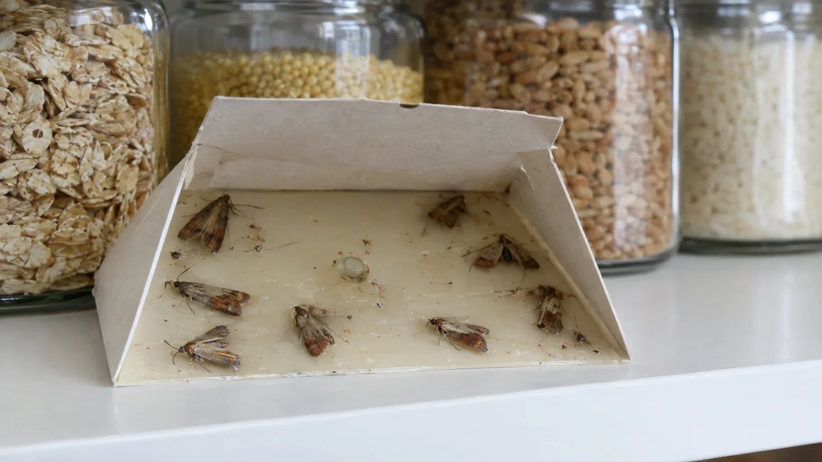 Феромонная ловушка с пойманными бабочками моли на полке кухонного шкафа
